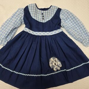 Girls Navy and Light Blue Gingham Dog Appliqué Dress